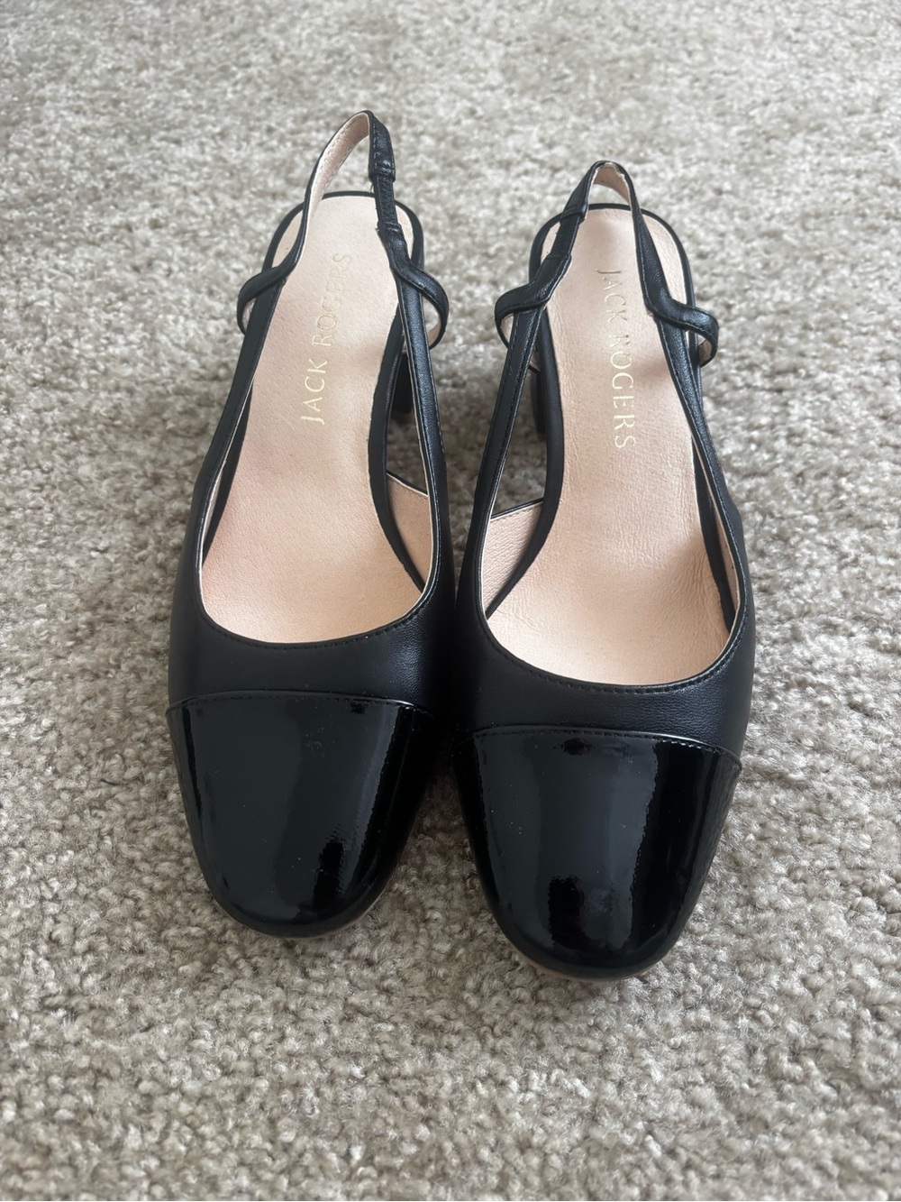 Jack Rogers Black Patent Cap-Toe Slingback Mules